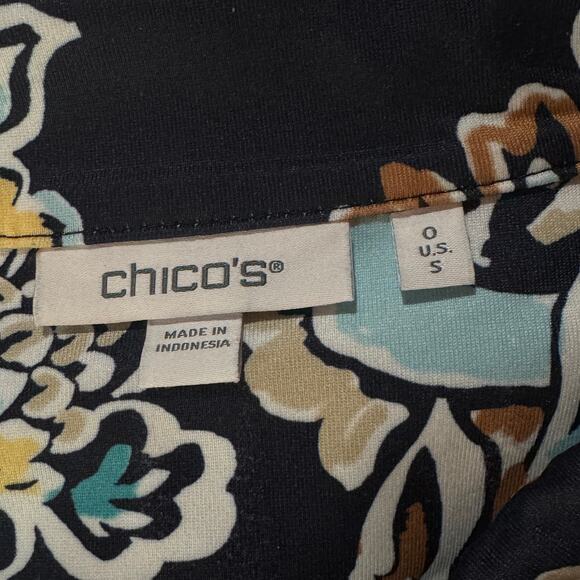 Chico’s SZ 0 (Small) Top Floral Long Sleeve 1/4 Snap Collared Stretch Blue Multi - Picture 6 of 7